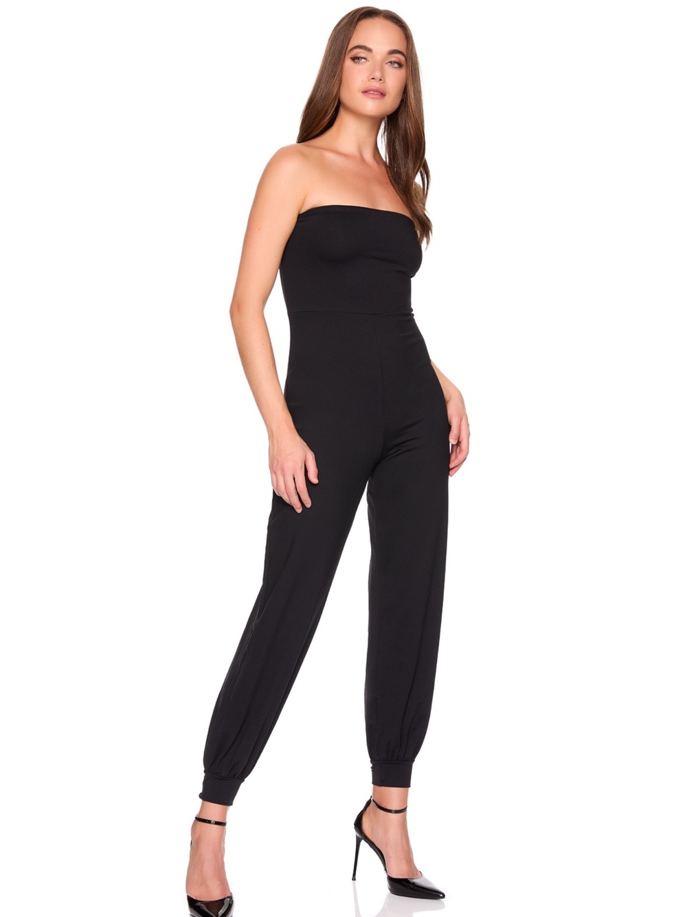 Susana Monaco Strapless Jogger Jumpsuit Black Cuffed Ankle Size M Medium